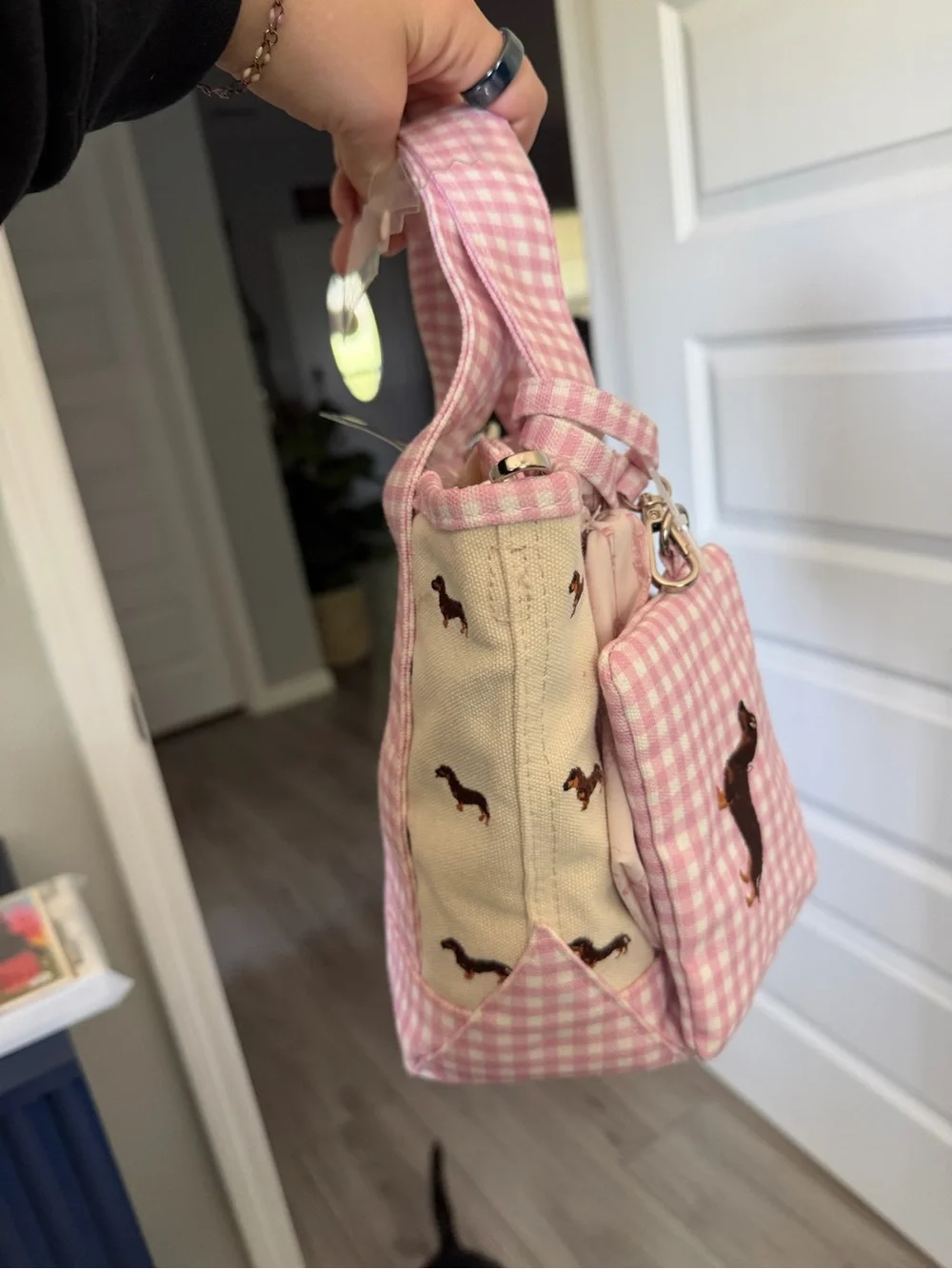 Viral Pink Gingham Dachshund Tote Bag with Plush Charm